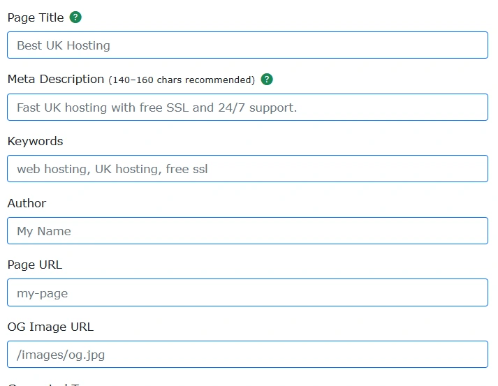 Screenshot showing meta tag generator tool step 1 form