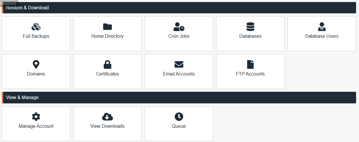 Jet Backup dashboard showing backup options